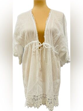Club Z Collection Lightweight White Gauze Cover-Up with Tie Front